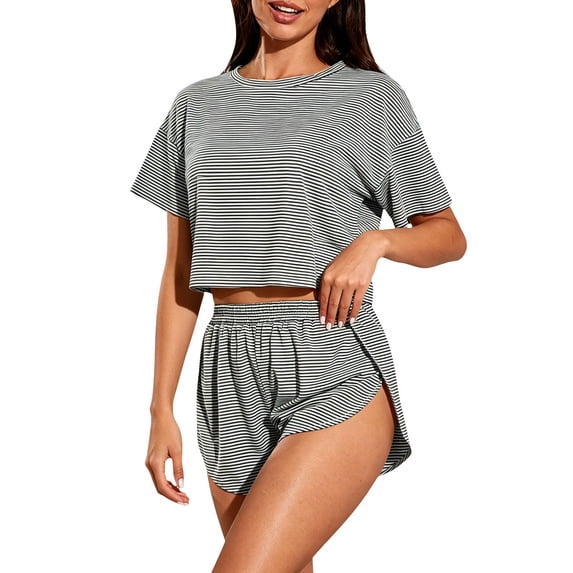 MVRLSH Womens Lounge Pajama Sets Striped Print Short Sleeve Tee Side Split Short Two Piece Summer Soft Comfortable Tank Tops Gray Size XL