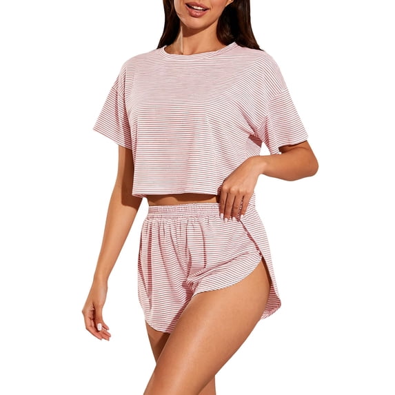 MVRLSH Womens Lounge Pajama Sets Striped Print Short Sleeve Tee Side Split Short Two Piece Summer Soft Comfortable Tank Tops Pink Size L