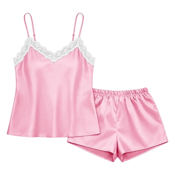 MVRLSH Womens Lounge Pajama Sets V Neck Lace Vest Short Two Piece Casual Home Wear Soft Comfortable Tank Tops Pink Size L
