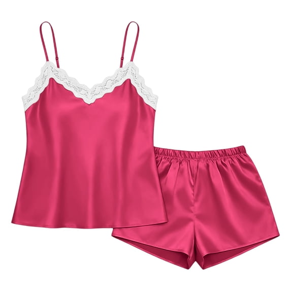 MVRLSH Womens Lounge Pajama Sets V Neck Lace Vest Short Two Piece Casual Home Wear Soft Comfortable Tank Tops Pink Size L
