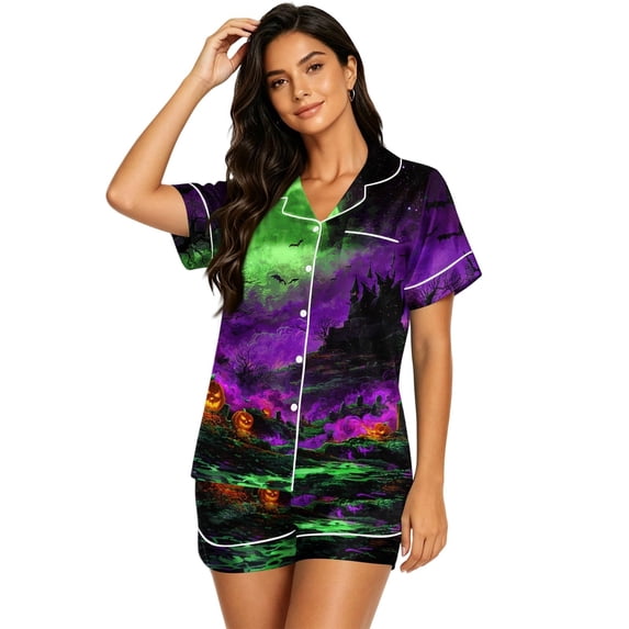 MVRLSH Womens Pajama Sets for Women 2 Piece Halloween Print Button Waist Short Sleeve Top And Shorts wear Sleepwear Soft Sleepwear Lounge Set Green - XXXL