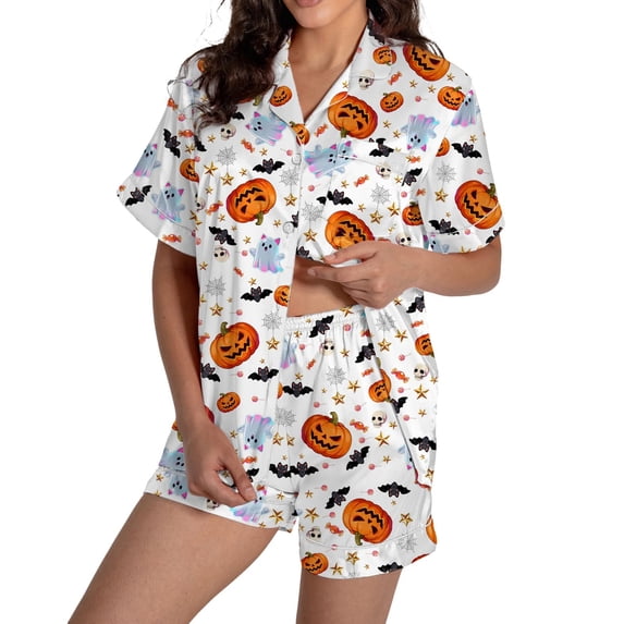 MVRLSH Womens Pajama Sets for Women 2 Piece Halloween Pumpkin Print Button Short Sleeve Shirt And Short Plus Size Cute wear Soft Sleepwear Lounge Set White - XL