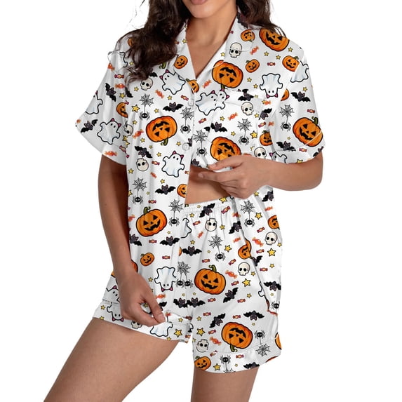 MVRLSH Womens Pajama Sets for Women 2 Piece Halloween Pumpkin Print Button Short Sleeve Shirt And Short Plus Size Cute wear Soft Sleepwear Lounge Set White - XL