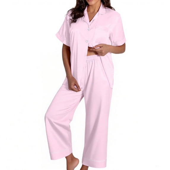 MVRLSH Womens Pajama Sets for Women 2 Piece Halloween Pumpkin Print Button Short Sleeve Top And Wide Leg Pant Plus Size wear Soft Sleepwear Lounge Set Pink - XXXL