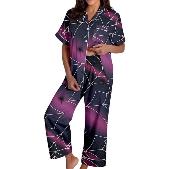 MVRLSH Womens Pajama Sets for Women 2 Piece Halloween Pumpkin Print Button Short Sleeve Top And Wide Leg Pant Plus Size wear Soft Sleepwear Lounge Set Purple - XL