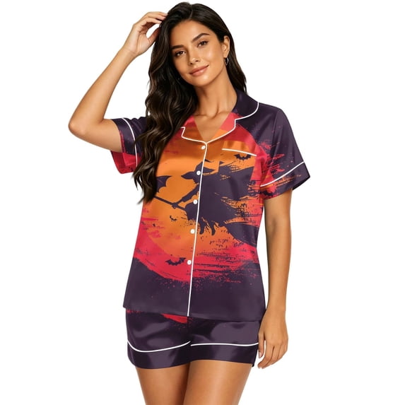 MVRLSH Womens Pajama Sets for Women 2 Piece Halloween Print Button Waist Short Sleeve Top And Shorts wear Sleepwear Soft Sleepwear Lounge Set Red - M
