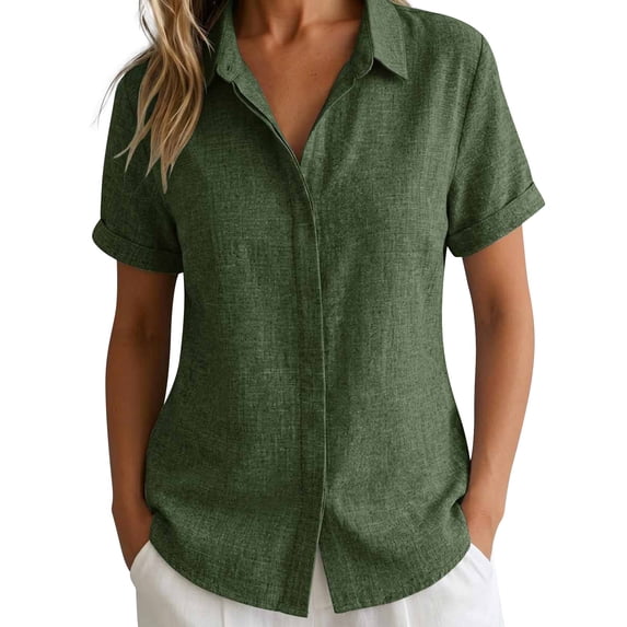 MVRLSH Womens Shirts Tops Cute Casual Hollow Out V Neck Short Sleeve Linen Loose Fit Going Out Daily Summer Beach Vacation Blouse Army Green - L