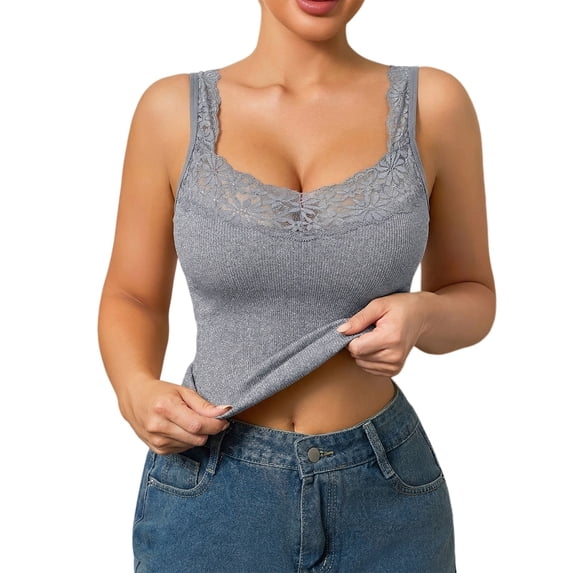 MVRLSH Womens Tank Tops Loose Fit Casual Racerback Slim Lace Trim Ribbed Sleeveless Layering Basic Tank Top Tops Gray Size XL
