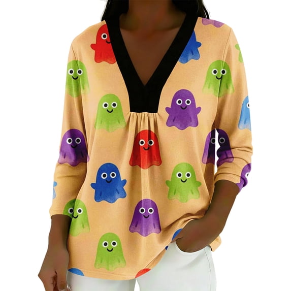 MVRLSH Womens Tops Blouse Casual Halloween Colorful Style Printed Comfortable Long Sleeved Tees Loose Fit Blouses CF1 - XXXL
