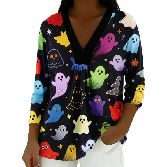 MVRLSH Womens Tops Blouse Casual Halloween Colorful Style Printed Comfortable Long Sleeved Tees Loose Fit Blouses CF4 - L