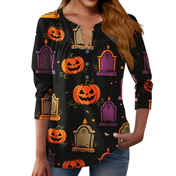 MVRLSH Womens Tops Shirts Blouse Casual Halloween Graphic Printed 3/4 Sleeve Button Up V Neck Plus Size Loose Fit Blouses