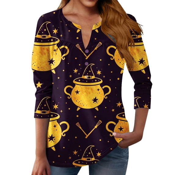 MVRLSH Womens Tops Shirts Blouse Casual Halloween Graphic Printed 3/4 Sleeve Button Up V Neck Plus Size Loose Fit Blouses
