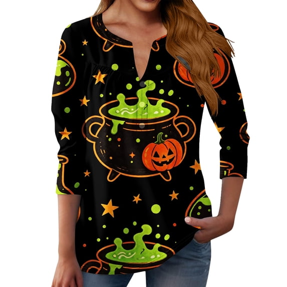 MVRLSH Womens Tops Shirts Blouse Casual Halloween Graphic Printed 3/4 Sleeve Button Up V Neck Plus Size Loose Fit Blouses