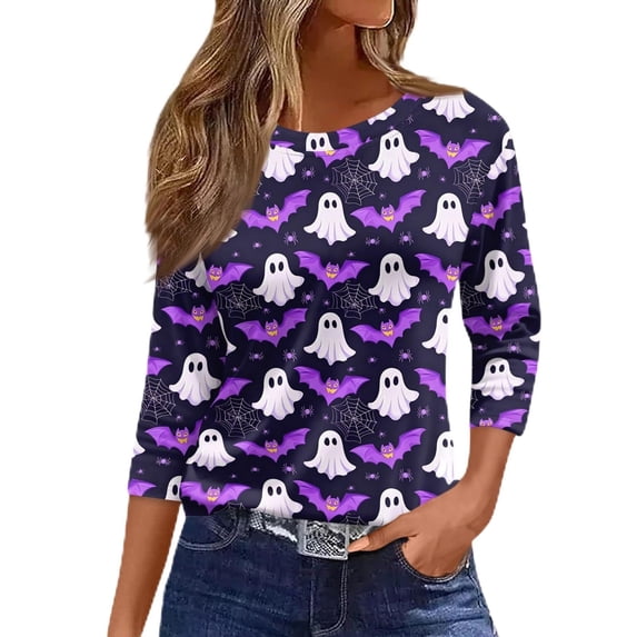 MVRLSH Womens Tops Shirts Blouse Casual Halloween Graphic Printed 3/4 Length Sleeve Round Neck Loose Fit Blouses