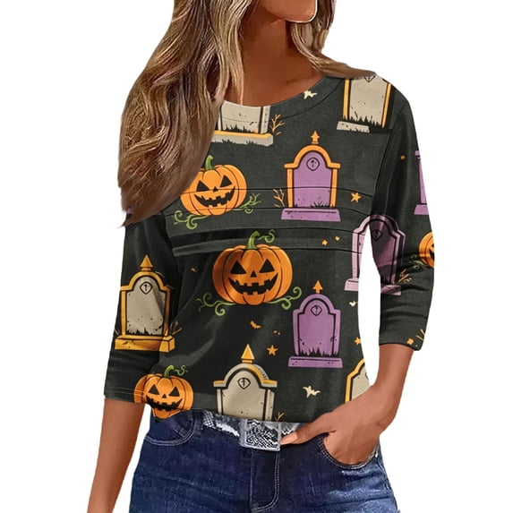 MVRLSH Womens Tops Shirts Blouse Casual Halloween Graphic Printed 3/4 Sleeve V Neck Loose Fit Blouses
