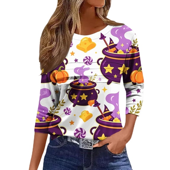 MVRLSH Womens Tops Shirts Blouse Casual Halloween Graphic Printed 3/4 Sleeve V Neck Loose Fit Blouses