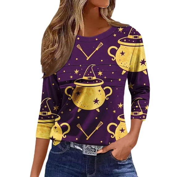 MVRLSH Womens Tops Shirts Blouse Casual Halloween Graphic Printed 3/4 Sleeve V Neck Loose Fit Blouses