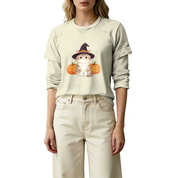MVRLSH Womens Tops Blouse Casual Halloween Graphic Printed Comfortable Fashion Daily Wear Loose Fit Blouses Beige - L