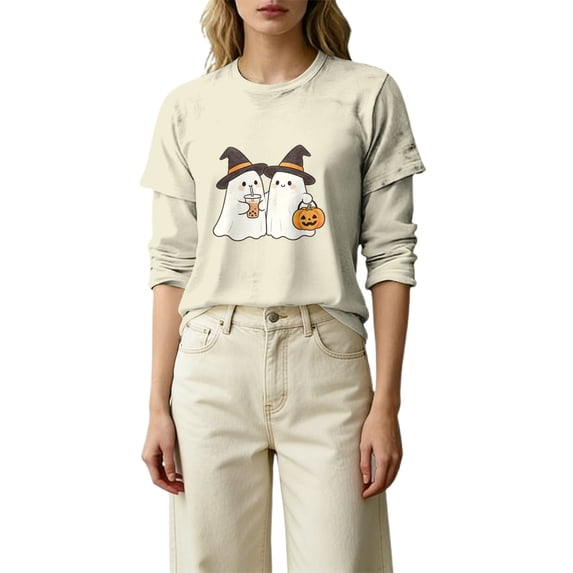 MVRLSH Womens Tops Blouse Casual Halloween Graphic Printed Comfortable Fashion Daily Wear Loose Fit Blouses Beige - XXXL
