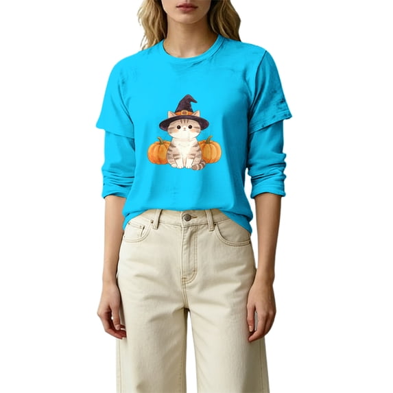 MVRLSH Womens Tops Blouse Casual Halloween Graphic Printed Comfortable Fashion Daily Wear Loose Fit Blouses Blue - M