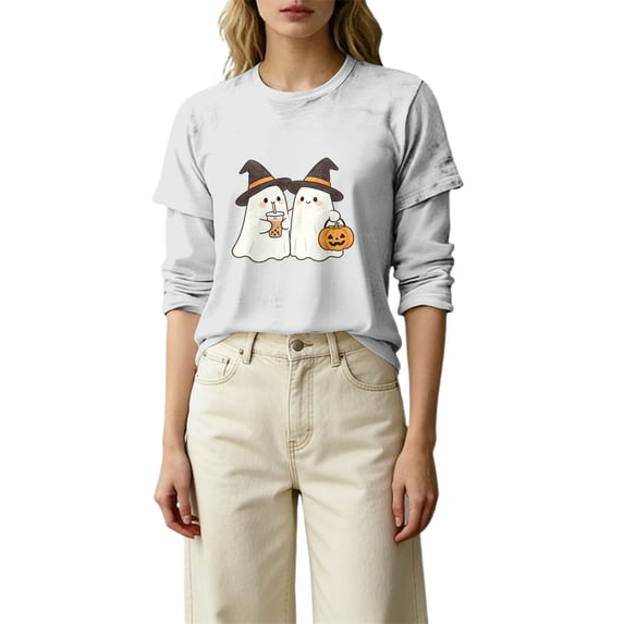 MVRLSH Womens Tops Blouse Casual Halloween Graphic Printed Comfortable Fashion Daily Wear Loose Fit Blouses Light Ashy - XL