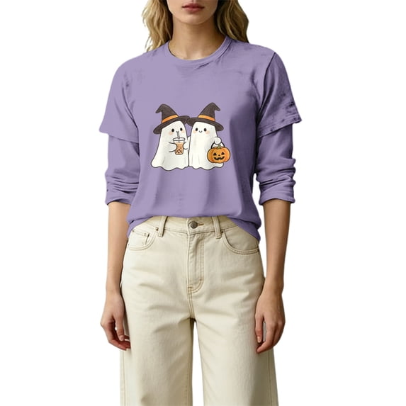 MVRLSH Womens Tops Blouse Casual Halloween Graphic Printed Comfortable Fashion Daily Wear Loose Fit Blouses Light Violet - M