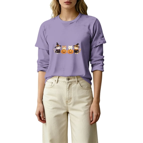 MVRLSH Womens Tops Blouse Casual Halloween Graphic Printed Comfortable Fashion Daily Wear Loose Fit Blouses Light Violet - XL