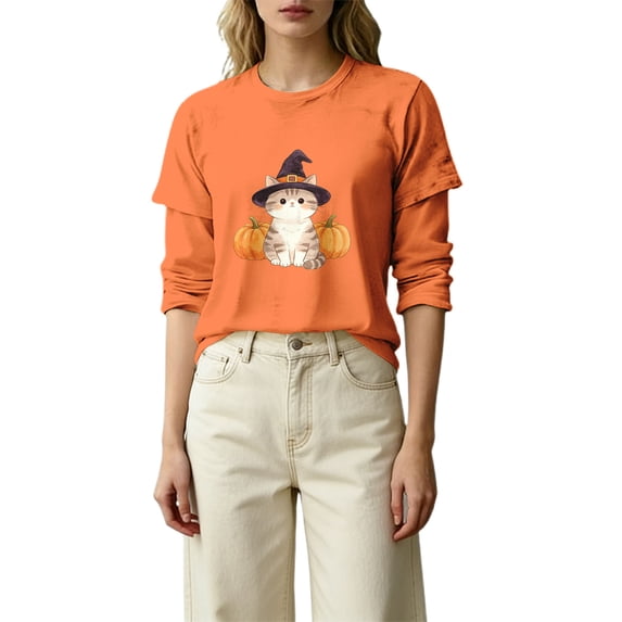 MVRLSH Womens Tops Blouse Casual Halloween Graphic Printed Comfortable Fashion Daily Wear Loose Fit Blouses Orange - XL