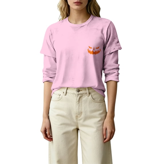 MVRLSH Womens Tops Blouse Casual Halloween Graphic Printed Long Sleeve Round Neck Daily Wear Tees Loose Fit Blouses Pink - XXXL