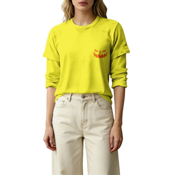 MVRLSH Womens Tops Blouse Casual Halloween Graphic Printed Long Sleeve Round Neck Daily Wear Tees Loose Fit Blouses Yellow - XL