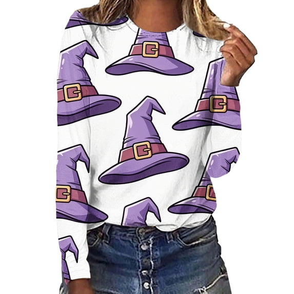 MVRLSH Womens Tops Blouse Casual Halloween Graphic Printed Long Sleeve Round Neck Fashion Daily Tees Loose Fit Blouses Multicolor - XL