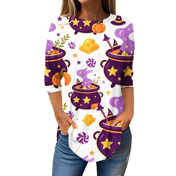 MVRLSH Womens Tops Blouse Casual Halloween Graphic Printed Round Neck Three Quarter Sleeve Basic Loose Fit Blouses MR2 - XXL