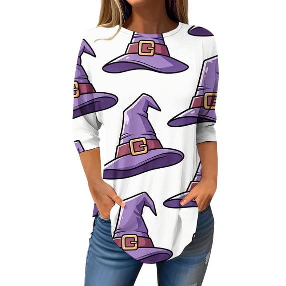 MVRLSH Womens Tops Blouse Casual Halloween Graphic Printed Round Neck Three Quarter Sleeve Basic Loose Fit Blouses Multicolor - L