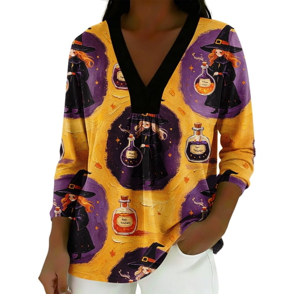 MVRLSH Womens Tops Blouse Casual Halloween Pumpkin Bat Graphic Printed Split V Neck Long Sleeve Fall Daily Loose Fit Blouses Gold - XXXL