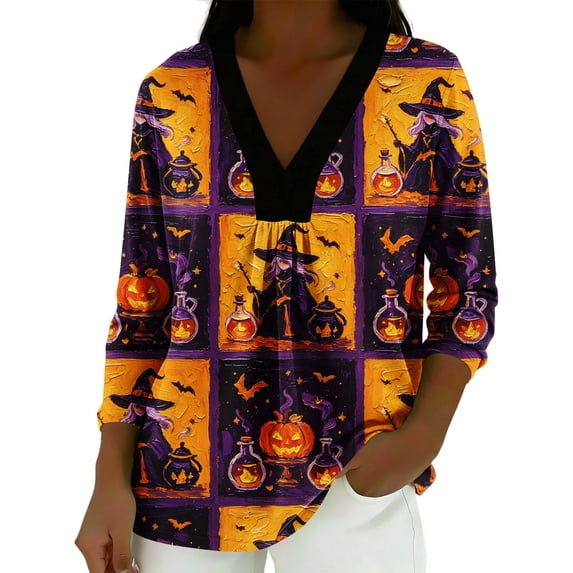 MVRLSH Womens Tops Blouse Casual Halloween Pumpkin Bat Graphic Printed Split V Neck Long Sleeve Fall Daily Loose Fit Blouses PP1 - XXL