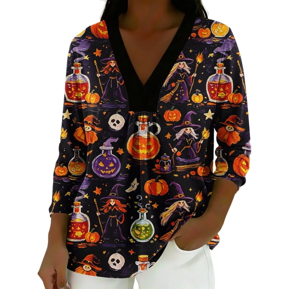 MVRLSH Womens Tops Blouse Casual Halloween Pumpkin Bat Graphic Printed Split V Neck Long Sleeve Fall Daily Loose Fit Blouses PP2 - XXL
