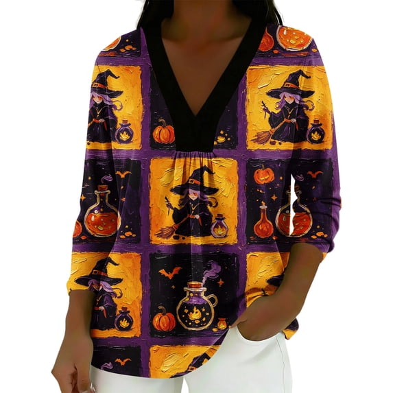 MVRLSH Womens Tops Blouse Casual Halloween Pumpkin Bat Graphic Printed Split V Neck Long Sleeve Fall Daily Loose Fit Blouses Purple - XL