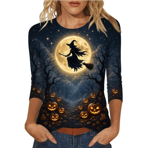 MVRLSH Womens Tops Blouse Casual Halloween Witch Pumpkin Graphic Printed Comfortable Long Sleeve Daily Wear Tees Loose Fit Blouses Blue - M