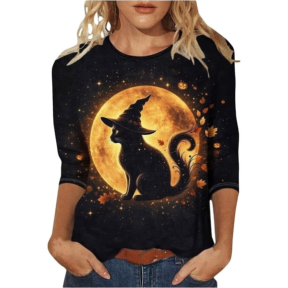 MVRLSH Womens Tops Blouse Casual Halloween Witch Pumpkin Graphic Printed Comfortable Long Sleeve Daily Wear Tees Loose Fit Blouses Dark Blue - XL