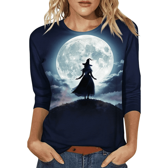 MVRLSH Womens Tops Blouse Casual Halloween Witch Pumpkin Graphic Printed Comfortable Long Sleeve Daily Wear Tees Loose Fit Blouses Hot Pink - L