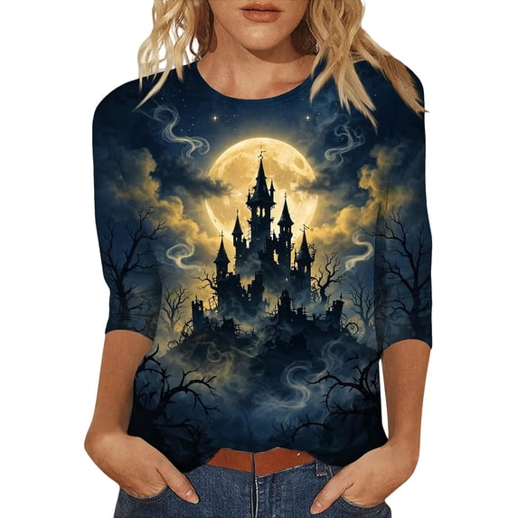 MVRLSH Womens Tops Blouse Casual Halloween Witch Pumpkin Graphic Printed Comfortable Long Sleeve Daily Wear Tees Loose Fit Blouses Purple - XXXXXL