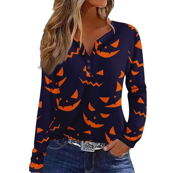 MVRLSH Womens Tops Blouse Casual Multi Style Graphic Printed Long Short Sleeve V Neck Daily Wear Loose Fit Blouses Navy - L
