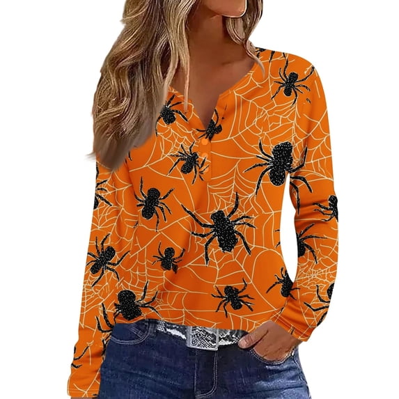 MVRLSH Womens Tops Blouse Casual Multi Style Graphic Printed Long Short Sleeve V Neck Daily Wear Loose Fit Blouses Orange - L