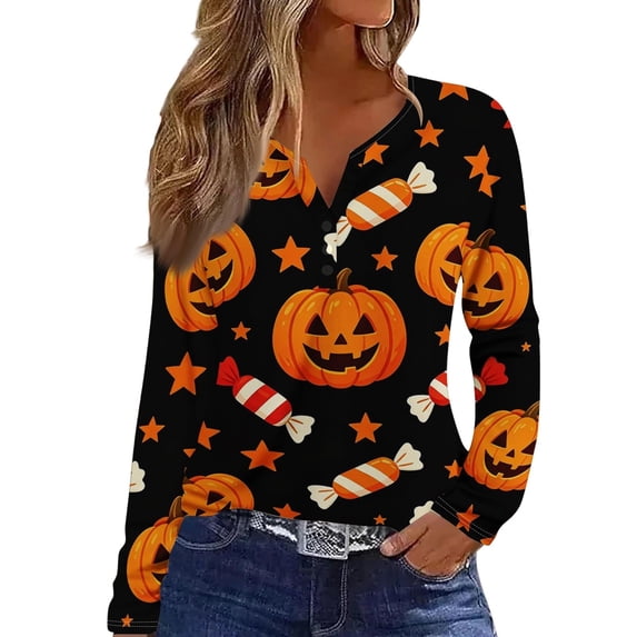 MVRLSH Womens Tops Blouse Casual Multi Style Graphic Printed Long Short Sleeve V Neck Daily Wear Loose Fit Blouses Orange - M