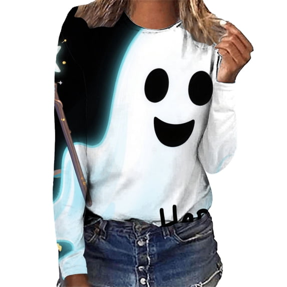 MVRLSH Womens Tops Blouse Casual Three Quarter Length Graphic Printed Spring Round Neck Daily Wear Tees Loose Fit Blouses White - XXXL