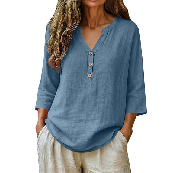MVRLSH Womens Tops Shirts Blouse Casual 3/4 Sleeve V Neck Button Solid Plus Size Breathable Summer Top Loose Fit Linen Blouses Blue - XL