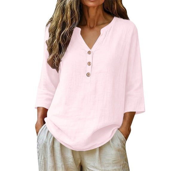 MVRLSH Womens Tops Shirts Blouse Casual 3/4 Sleeve V Neck Button Solid Plus Size Breathable Summer Top Loose Fit Linen Blouses Pink - XXXXXL