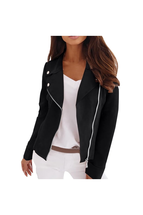Womens Tops Shirts Blouse Casual Lapel Zipper Suede Long Sleeve Cropped Motorcycle Lightweight Going Out Outer Coat Loose Fit Linen Blouses Black - M