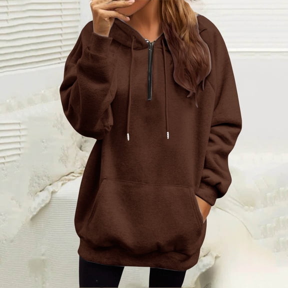 MVRLSH Zip Up Hoodie Women Fashionable Casual Solid Color Shoulder Half Zip Hoodie With Pocket Polyester Brown M-5Xl