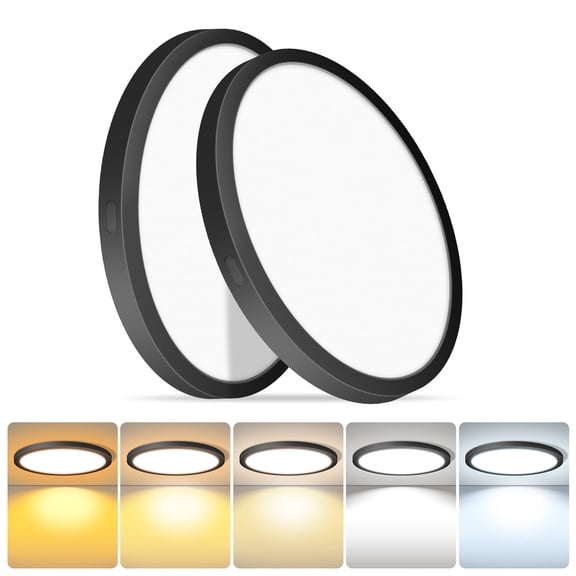 MW 2 Pack 7 inch Round Black Slim Flush Mount Ceiling Lamp, 14W 120V 5CCT Dimmable 2700K-5000K for Bedroom, Kitchen, Hallway, Laundry